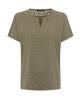 Olsen Women's 100% Cotton Short Sleeve Split Neck Eyelet T-Shirt