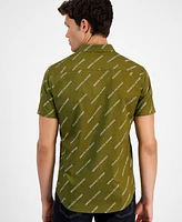 A|X Armani Exchange Men's Short Sleeve Button-Front Logo Print Stretch Shirt, Created for Macy's