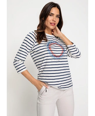 Olsen Women's 100% Cotton 3/4 Sleeve Striped and Embellished Placement Print T-Shirt