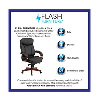 Emma+Oliver High Back Leather Executive Swivel Ergonomic Office Chair With Synchro-Tilt Mechanism, Mahogany Wood Base And Arms