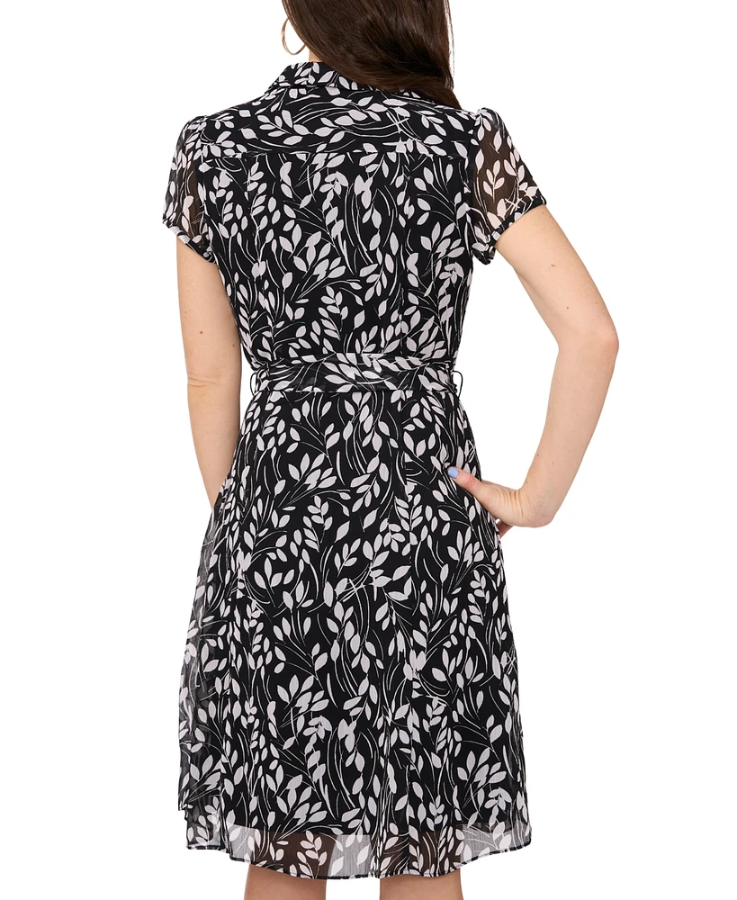 Msk Petite Collared Printed Chiffon Fit & Flare Dress