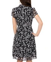 Msk Petite Collared Printed Chiffon Fit & Flare Dress