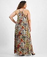 Tahari Plus Printed V-Neck Sleeveless Maxi Dress