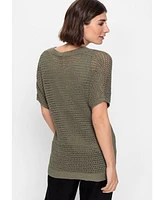 Olsen Women's Linen Blend Short Sleeve Open Knit Pullover