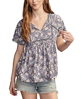 Lucky Brand Women's Printed Pintuck Split-Neck Cotton Top