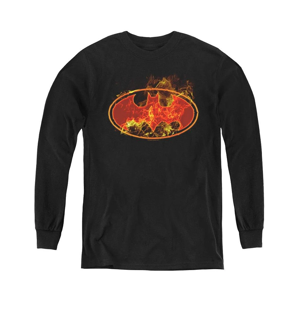 Batman Boys Youth Flames Logo Long Sleeve Sweatshirts