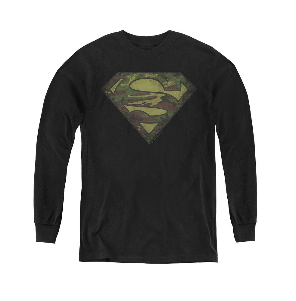 Superman Boys Youth Camo Logo Distressed Long Sleeve Sweatshirts