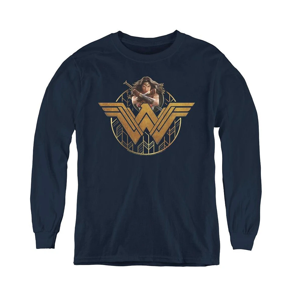 Wonder Woman Boys Movie Youth Power Stance And Emblem Long Sleeve Sweatshirts