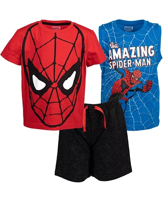 Marvel Toddler Boys Avengers Spider-Man T-Shirt French Terry Tank Top and Shorts 3 Piece Outfit Set Red/Black/Blue