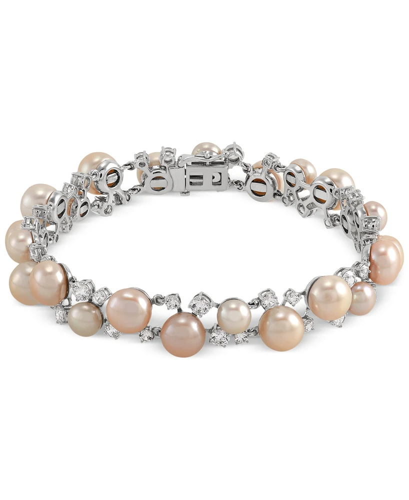 Arabella Freshwater Pearl (6 - 8-1/2mm) & Cubic Zirconia Link Bracelet in Sterling Silver