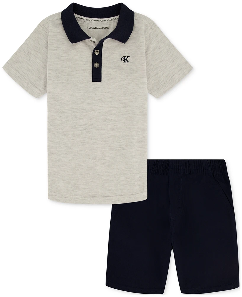 Calvin Klein Toddler Boys Cotton Heather Jersey Polo Shirt & Twill Shorts, 2 Piece Set