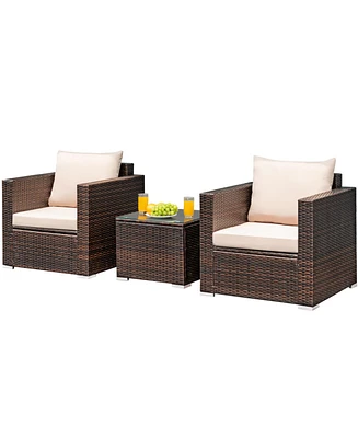 Gymax 3PCS Patio Rattan Outdoor Furniture Set w/ Cushioned Sofa Coffee Table