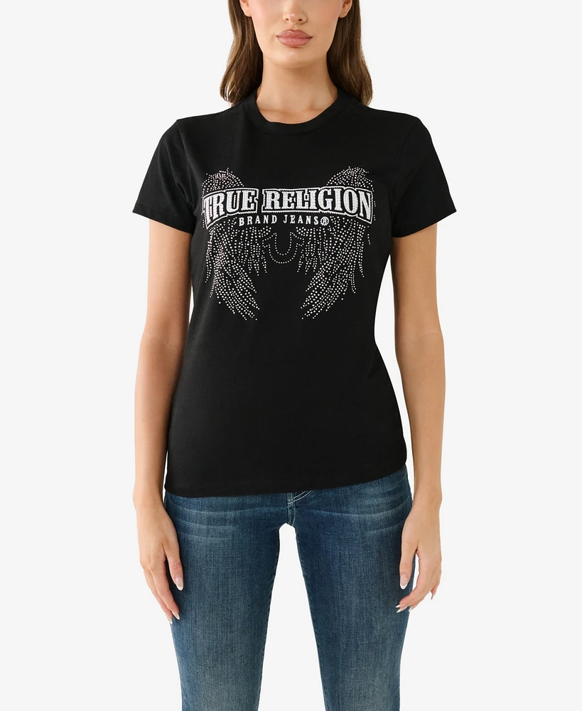 True Religion Women's Short Sleeve Crystal Wing Crew Tee