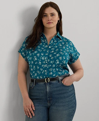 Lauren Ralph Plus Cuffed Linen Floral Shirt