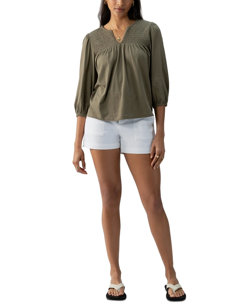 Sanctuary Women's Cotton Smocked 3/4-Sleeve Split-Neck Top