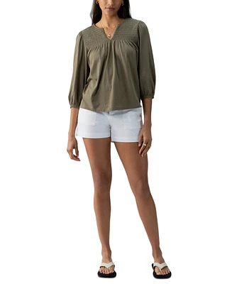 Sanctuary Women's Cotton Smocked 3/4-Sleeve Split-Neck Top