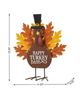 Glitzhome 12.25"H Thanksgiving Wooden Metal Turkey Table Decor