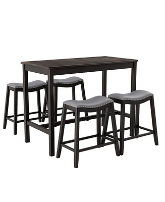 Gymax 5PCS Bar Table Set Counter Height Table & Upholstered Saddle Stools Set for 4