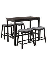 Gymax 5PCS Bar Table Set Counter Height Table & Upholstered Saddle Stools Set for 4