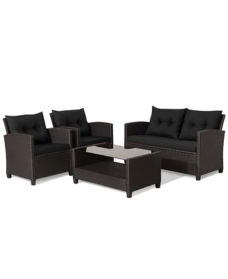 Gymax 4PCS Outdoor Conversation Set Patio Pe Rattan Set w/ Glass Table & Sofa Cushions Black