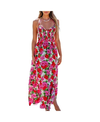 Cupshe Women's Floral Halterneck Smocked Bodice Maxi Beach Dress
