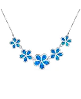 Bling Jewelry Gemstone Statement Blue Created Opal Multi 5 Plumeria Hawaiian Flower Collar Necklace For Women Girlfriend .925 Sterling Silver October