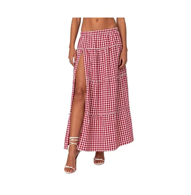 Edikted Women's Gingham Side Slit Tiered Maxi Skirt