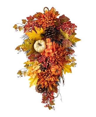 Glitzhome 27"H Fall Dahlia Pumpkin, Leaf and Berry Swag