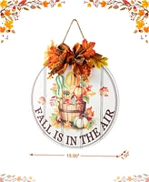 Glitzhome 15"D Fall Wooden Round Word Sign Door Hanger