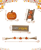Glitzhome 10.75"L Set of 4 Fall Wooden Word Signs Tiered Tray Table Decor