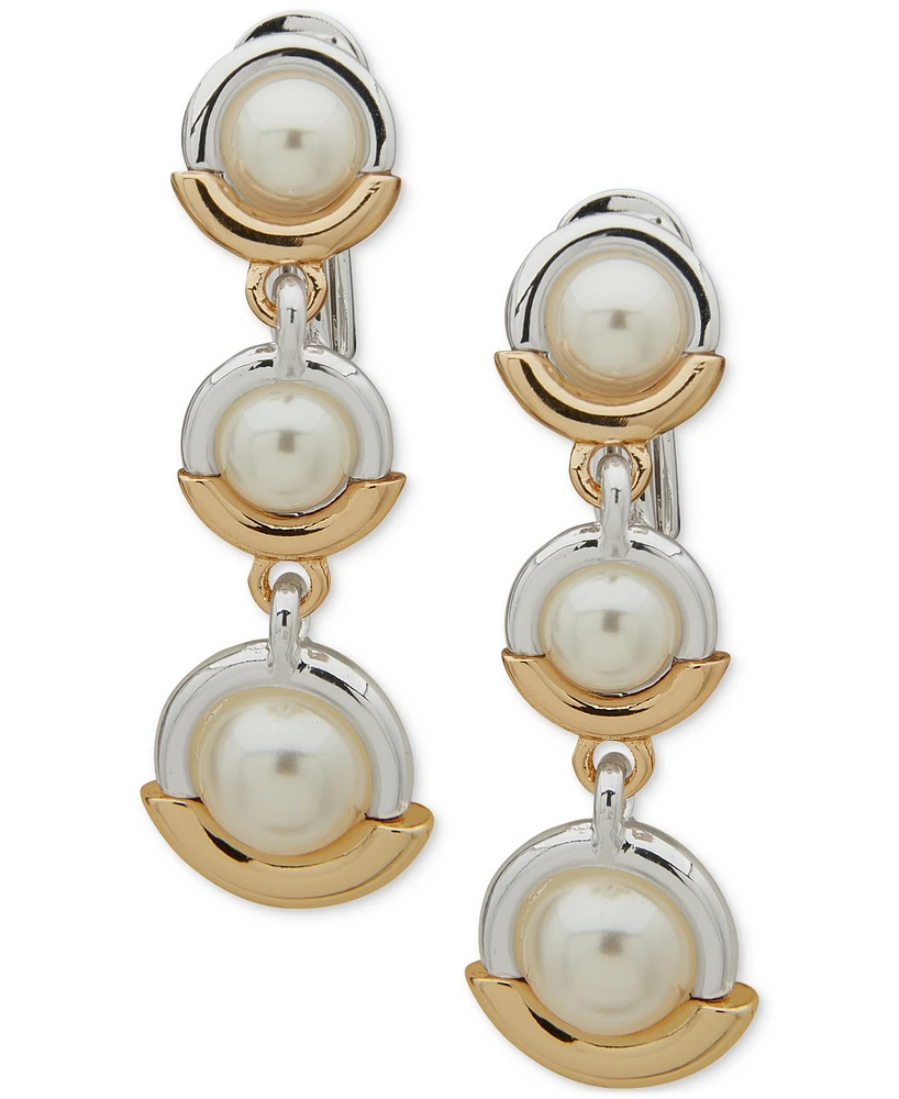 Anne Klein Two-Tone Imitation Pearl Ring Clip-On Triple Drop Earrings