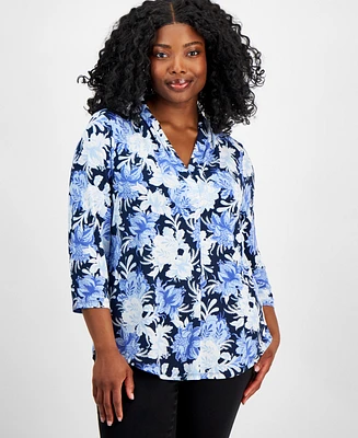 Jm Collection Plus Linear Garden V-Neck Top, Created for Macy's