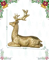 Glitzhome 11''H Resin Christmas Lying Reindeer Table Decor