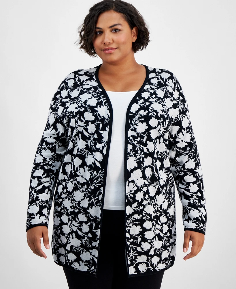 Jm Collection Plus Botanical-Print Open-Front Cardigan, Created for Macy's