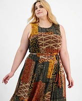 Robbie Bee Plus Size Patchwork-Print Jersey Midi Dress