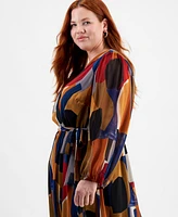 Robbie Bee Plus Size Printed Faux-Wrap Long-Sleeve Dress