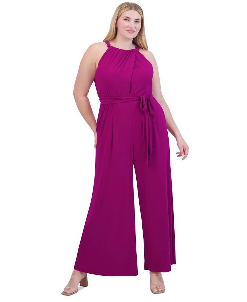 Vince Camuto Plus Size Halter-Neck Tie-Waist Jumpsuit