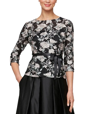 Alex Evenings Women's Embroidered Floral Belted Blouse