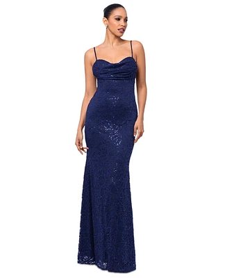 Betsy & Adam Women's Sequin Lace Draped Sleeveless Gown