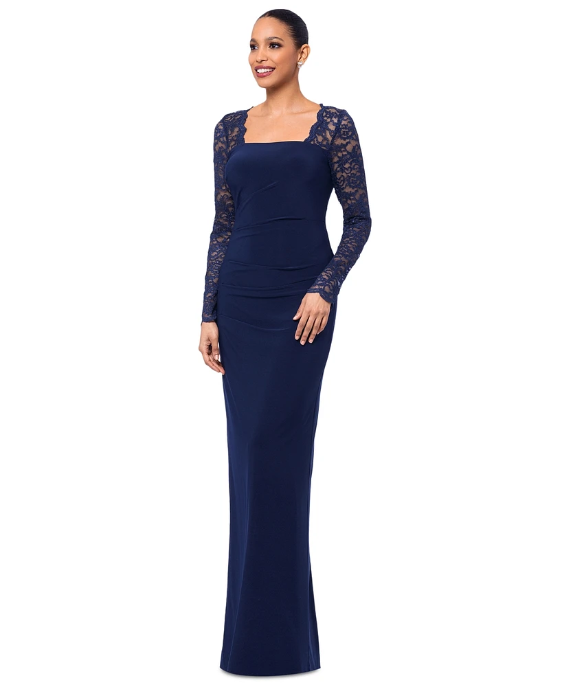 Betsy & Adam Women's Lace-Sleeve Square-Neck Gown