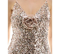 Taylor Women's Sequin Embellished Rosette Sleeveless Gown