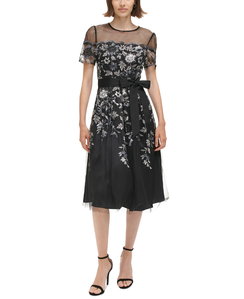 Eliza J Petite Embroidered Illusion Fit & Flare Dress