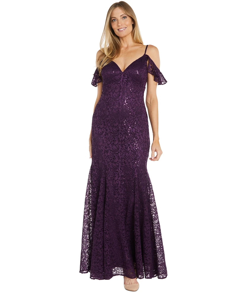 R & M Richards Women's Sequin Lace Cold Shoulder Gown