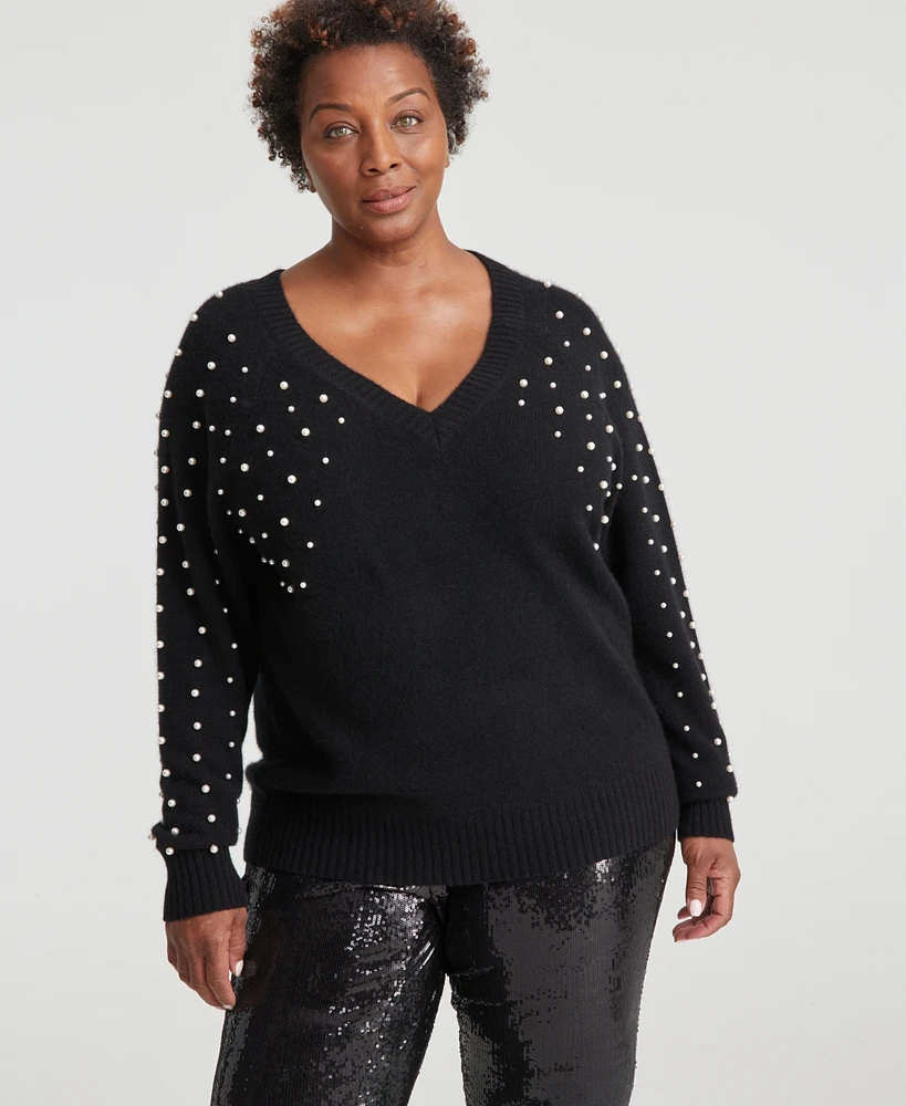 Charter Club Plus Cashmere Bead-Embellished V-Neck Sweater, Created for Macy's