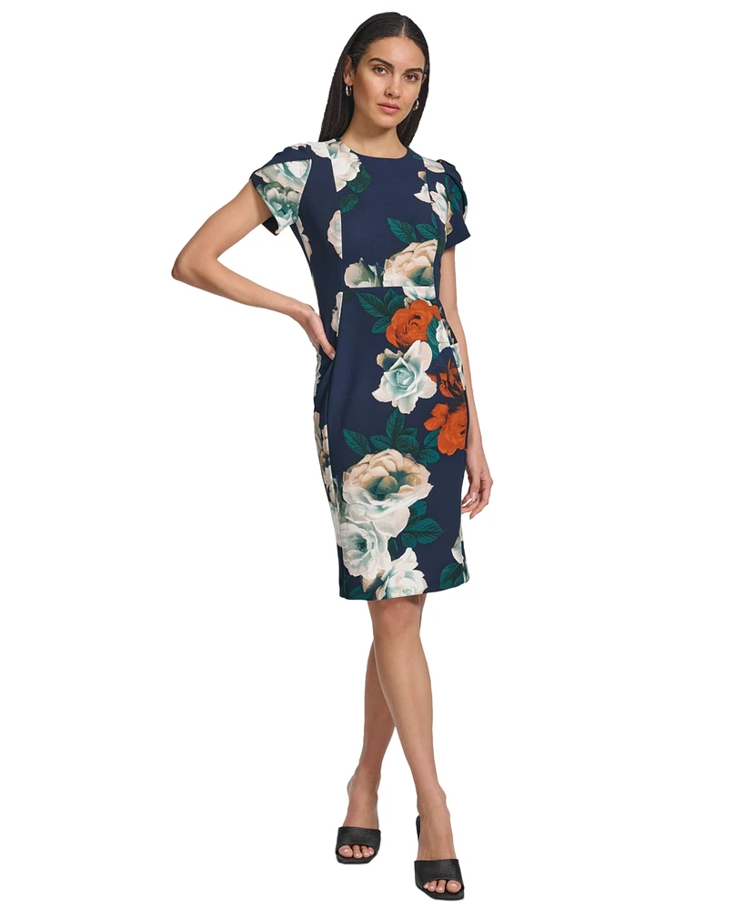 Calvin Klein Women's Floral Tulip-Sleeve Jewel-Neck Dress