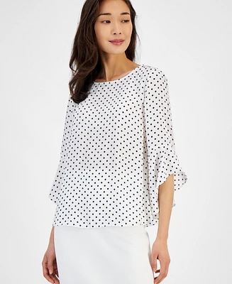 Kasper Women's Dot-Print Crewneck Ruffle-Sleeve Top, Created for Macy's