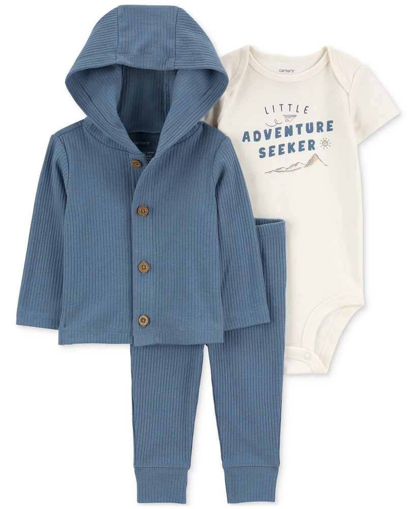 Carter's Baby Boys Little Adventure Seeker Graphic Bodysuit, Hooded Cardigan & Pants, 3 Piece Set