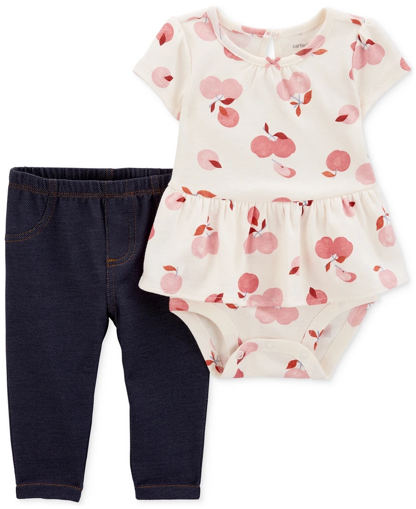 Carter's Baby Girls 2-Pc. Apple-Print Peplum Bodysuit & Knit-Denim Pants Set