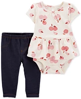Carter's Baby Girls 2-Pc. Apple-Print Peplum Bodysuit & Knit-Denim Pants Set