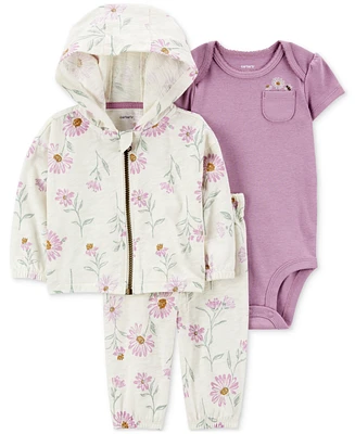 Carter's Baby Girls Cotton Floral-Print Little Hooded Jacket, Bodysuit & Pants, 3 Piece Set